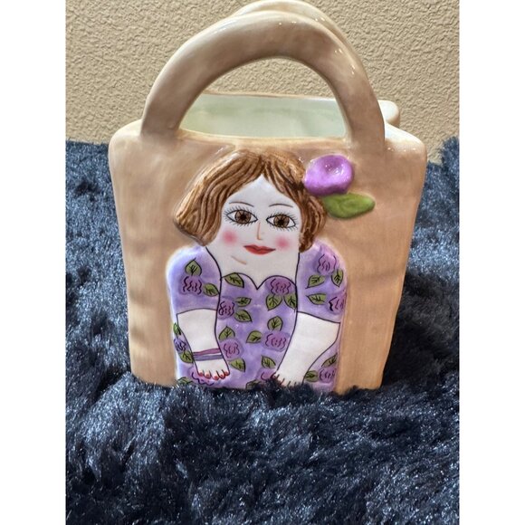 Bella Casa By Ganz Ceramic Purse Vase With Woman Design & Lavender - Picture 3 of 7